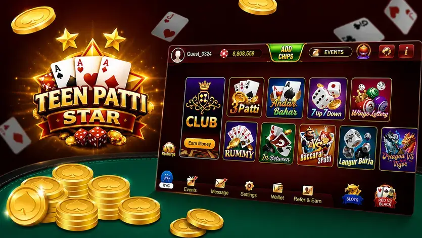Teen Patti Star online card game app with free chips everyday, casino style interface, gold coins, playing cards and gaming lobby screen.